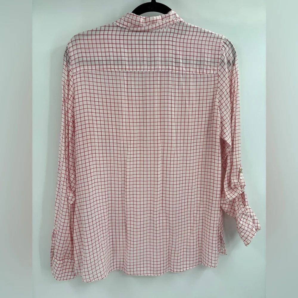 Foxcroft Women’s Blouse White Red Tencel Rolled Sleeve Gingham Button Up Size 10